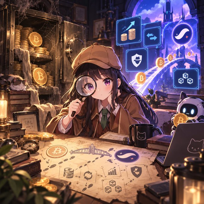 An anime-style illustration of a girl in a detective hat using a magnifying glass, sitting at a desk covered with crypto symbols (Bitcoin, Sui logo) and research notes, with a vault of Bitcoin coins behind her and floating crypto-related icons (arrows, shield, boxes) above.