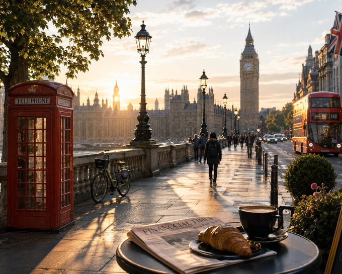 An atmospheric scene of London at sunset featuring Big Ben, the Houses of Parliament, a red telephone booth, a red double-decker bus, a bicycle parked on the sidewalk, and a table in the foreground with a coffee cup, croissant, and the Financial Times newspaper.