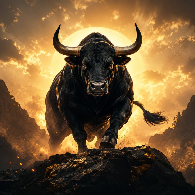 A dramatic, powerful black bull charges forward on a rocky outcrop, silhouetted against a glowing golden sun and swirling clouds.