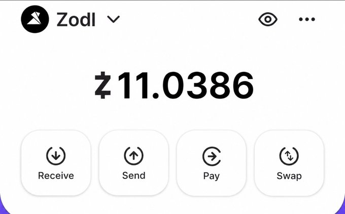 A screenshot of a crypto wallet app called 'Zodl' showing a balance of zł11.0386, with buttons for Receive, Send, Pay, and Swap.