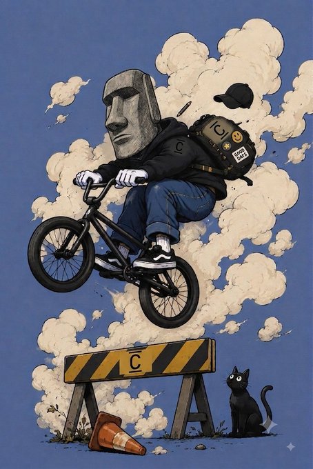 An illustration depicts a figure with a Moai-style stone head wearing a hoodie and riding a BMX bike mid-air above a striped barrier, with a black cat watching below.