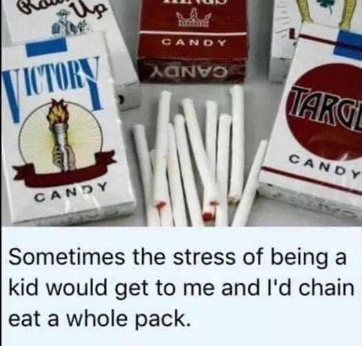 The image shows vintage candy cigarette boxes labeled "Victory Candy" and "Target Candy" alongside loose white candy sticks, with the caption "Sometimes the stress of being a kid would get to me and I'd chain eat a whole pack." The post references nostalgic memories of chain-eating childhood candy cigarettes, a once-common treat that satisfied kids' kid who mimicked adult smoking habits.