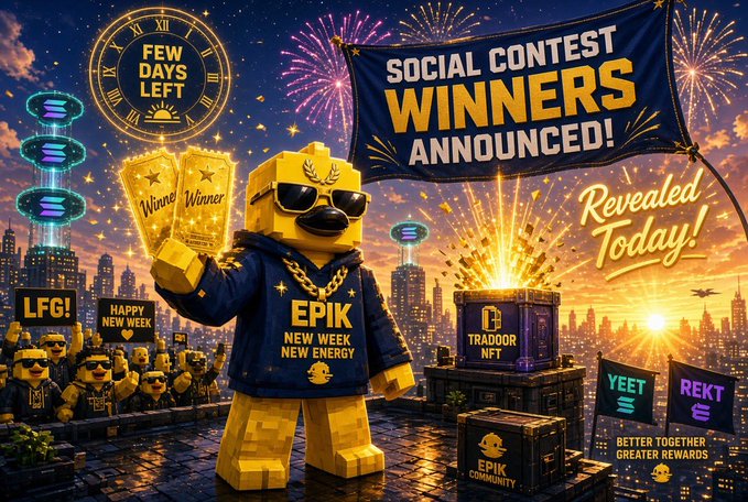A promotional graphic announcing 'SOCIAL CONTEST WINNERS ANNOUNCED!' featuring a yellow blocky character wearing sunglasses and an 'EPIK NEW WEEK NEW ENERGY' hoodie, with banners reading 'FEW DAYS LEFT', 'LFG!', and 'REVEALED TODAY!'.
