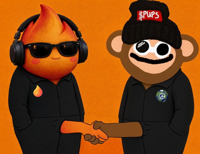 A cartoon illustration of a fire emoji character with headphones and sunglasses shaking hands with a monkey character wearing a black beanie that says "$PUPS" and a black hoodie.