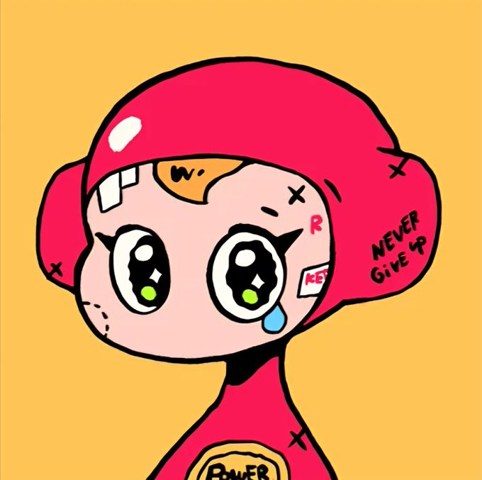 A cartoon illustration of a character wearing a red helmet with 'NEVER GIVE UP' written on it, featuring large glossy eyes and a tear on a yellow background.