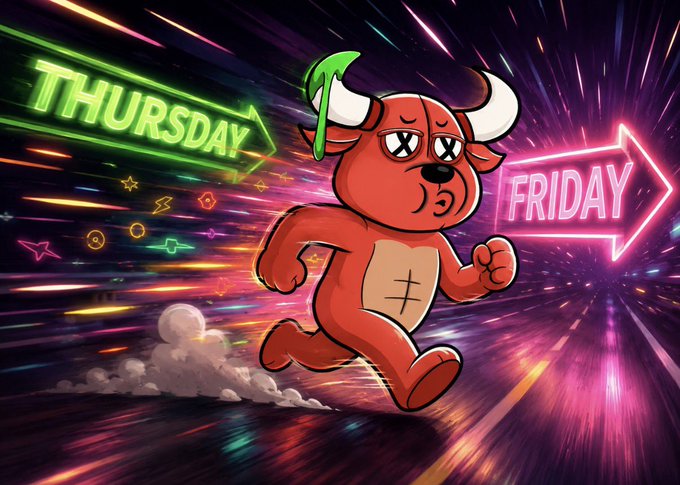 A determined red bull character sprints through a vibrant, neon-lit cosmic backdrop, racing past glowing green "THURSDAY" and pink "FRIDAY" arrows that capture the swift passage of the workweek—perfectly matching the post's playful "Happy Thirsty Thursday" message about the week flying by.