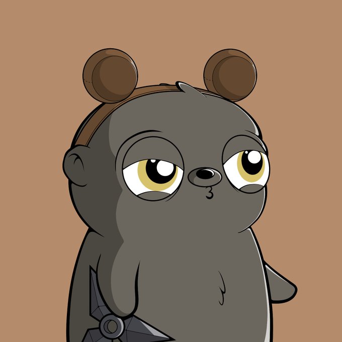A cartoon illustration of a cute gray blob-like character with mouse ears, holding a shuriken against a brown background.