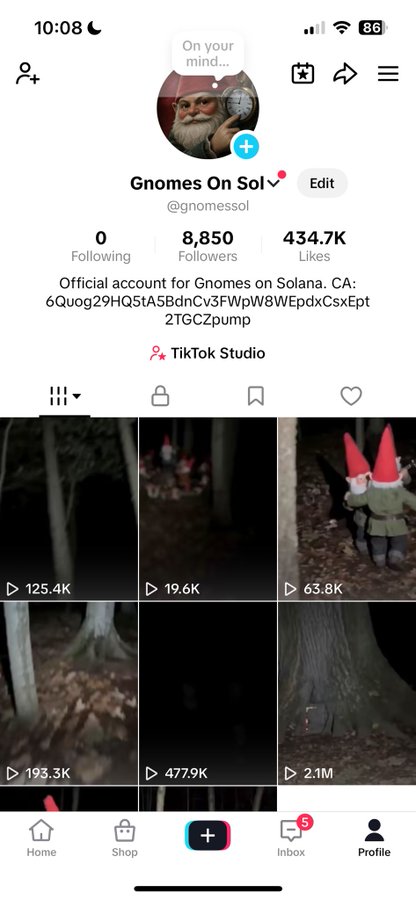 The image shows the TikTok profile for "Gnomes On Sol" (@gnomessol), featuring a gnome holding a stopwatch with 8,850 followers, 434.7K likes, and a CA listed in the bio, along with a grid of videos showing garden gnomes in forests with view counts ranging from 19.6K to 2.1M. The post highlights the account's consistent content output and growing TikTok audience (approaching 10K followers) as a bullish signal despite low-cap status and recent KOL departures.