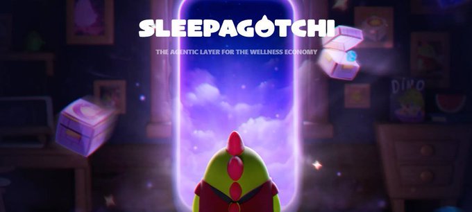 A promotional image for 'SLEEPAGOTCHI' with the tagline 'THE AGENTIC LAYER FOR THE WELLNESS ECONOMY' shows a small green character with a red crest looking into a purple glowing portal.