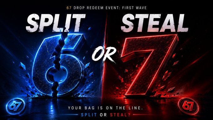 Promotional graphic for a '67 DROP REDEEM EVENT: FIRST WAVE' featuring a large cracked '6' in blue and '7' in red with the text 'SPLIT OR STEAL' and 'YOUR BAG IS ON THE LINE. SPLIT OR STEAL?'