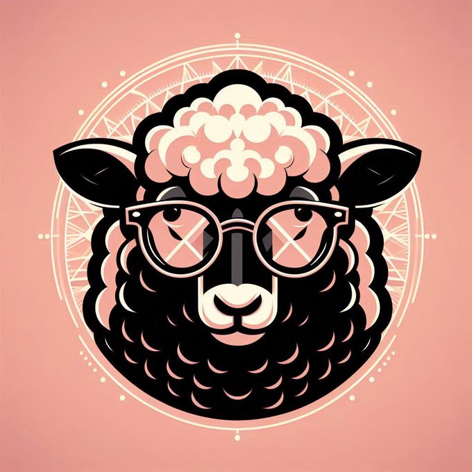 A stylized black sheep with curly wool wears pink-tinted glasses, set against a pink background with geometric circular designs.