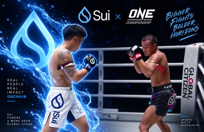 A promotional graphic shows two Muay Thai fighters facing off in a ring, featuring logos for 'Sui' and 'ONE Championship' with the tagline 'Bigger Fights, Bolder Horizons' and 'Real People, Real Impact Onchain.'