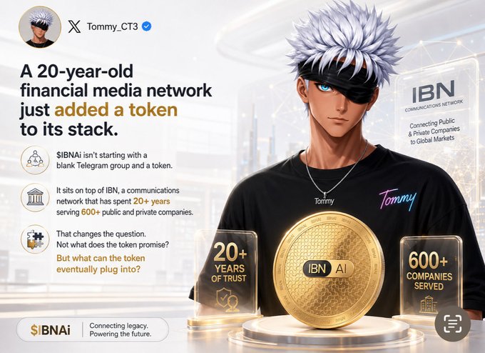A promotional graphic from @Tommy_CT3 announcing that IBN, a 20+ year communications network serving 600+ companies, has added the $BNAi token.
