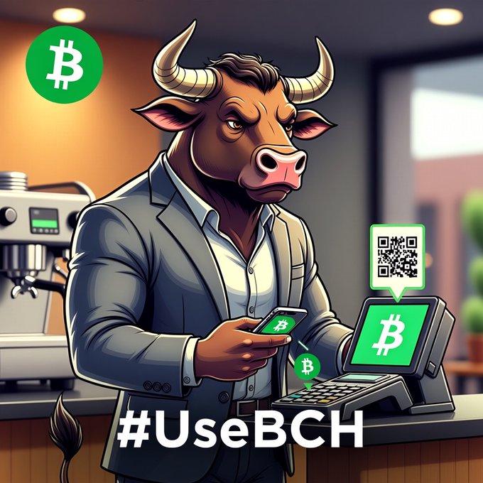 An illustrated bull-headed character in a gray suit holds a smartphone next to a point-of-sale terminal showing a QR code, with a Bitcoin logo and the hashtag '#UseBCH' prominently displayed.