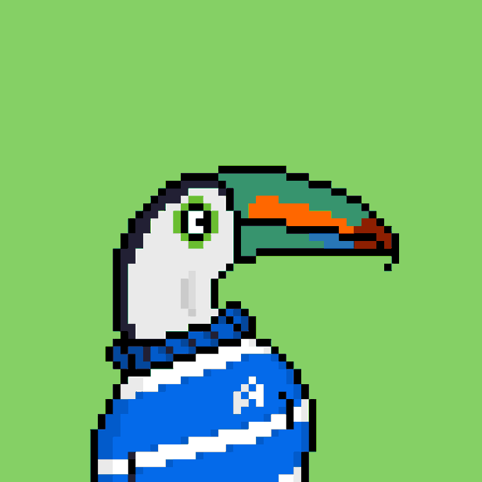 A pixel-art toucan with a large multicolored beak and a blue body stands against a solid green background.