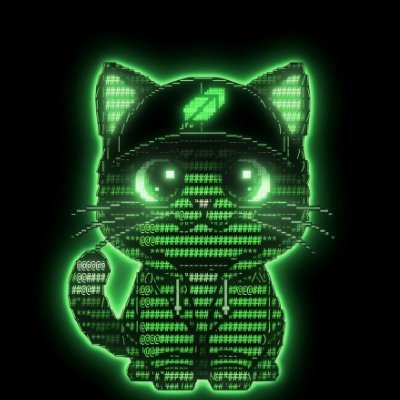 A pixel-art style green digital cat with glowing eyes and a lightning bolt on its hat, composed of matrix-like code against a black background.