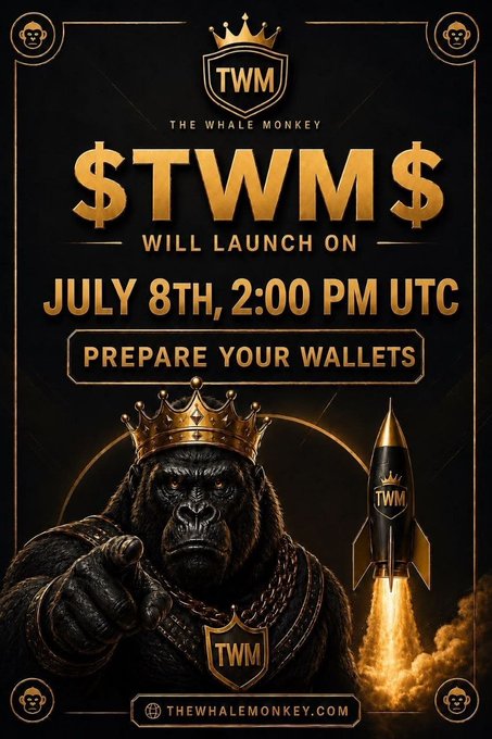 Promotional graphic for 'TWM - The Whale Monkey' cryptocurrency token launching on July 8th, 2:00 PM UTC, featuring a crowned gorilla and a rocket, with the website thewhalemonkey.com.