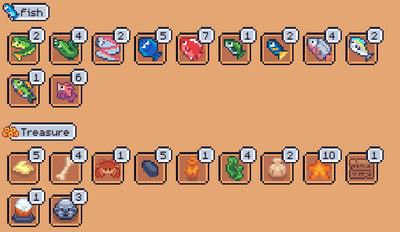 A pixel-art game interface displaying a 'Fish' inventory and a 'Treasure' collection, with each item having a numerical count.
