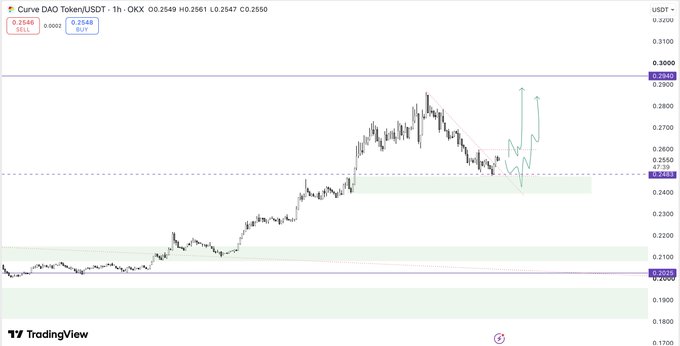 A TradingView chart of Curve DAO Token (CRV/USDT) on the 1-hour timeframe shows price recently rejecting near the $0.2940 high and pulling back toward the mid-range support zone around $0.2540–0.2480, with green shaded areas marking key demand levels and a blue path projecting a potential retest of the highs—aligning with the trader's view of seeking a long trigger after missing the prior take-profit.