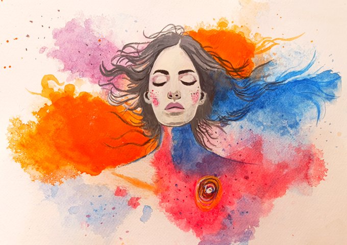 A watercolor portrait features a woman with closed eyes and flowing dark hair, surrounded by a colorful explosion of pink, orange, and blue watercolor splashes on a textured beige background.