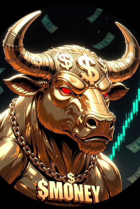 A golden, red-eyed bull adorned with dollar signs and gold chains, surrounded by flying money and a green candlestick chart, with "$MONEY" displayed prominently in gold lettering at the bottom—visually embodying the "final bull" and massive wealth promised by the $MONEY memecoin airdrop.