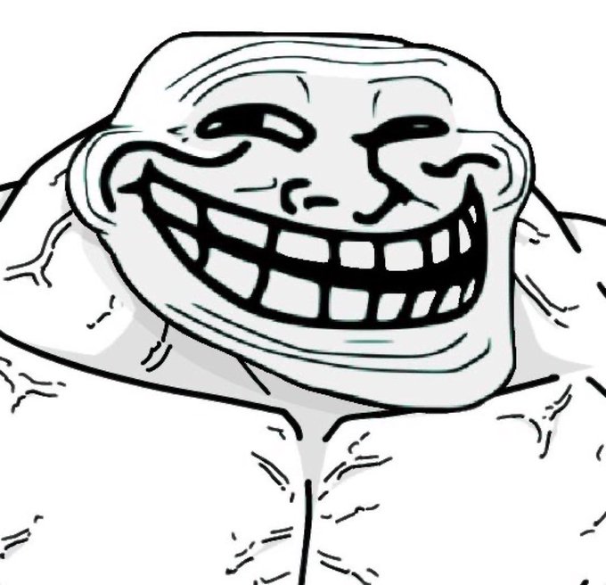 A black and white line drawing of the classic 'Forever Alone' meme character, depicting a muscular torso with a disproportionately small head bearing a wide, toothy grin.