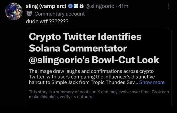 A social media post by user 'sling (vamp arc)' reacting to a news summary about 'Crypto Twitter Identifies Solana Commentary @slingoorio's Bowl-Cut Look'.