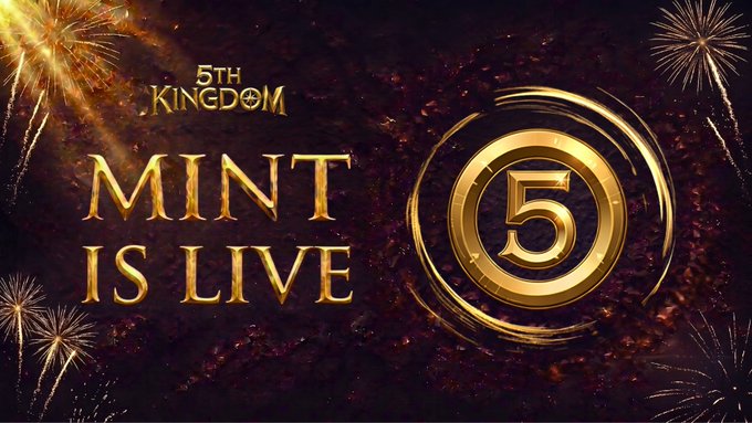 A promotional graphic features the text "5TH KINGDOM MINT IS LIVE" alongside a large golden "5" logo, set against a dark background with sparkling fireworks that match the celebratory launch announcement for the 5th Kingdom NFT collection on Solana.