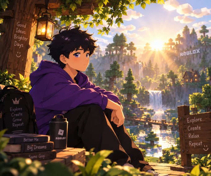 An anime-style illustration of a boy in a purple hoodie sitting in a scenic landscape with a 'Roblox' logo visible in the distance and on a nearby water bottle.