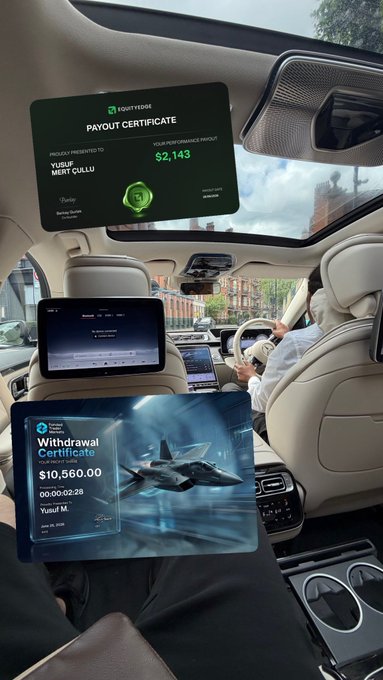 A person sits in the backseat of a luxury car in London, holding a laptop displaying a "Withdrawal Certificate" for $10,560.00 from Yusef M. dated 00:00:02:28, while a headrest monitor shows a FunderPro payout certificate for $2,143 awarded to Yusef Gullu, visually reinforcing the post's claim of earning over $12,700 in payouts while traveling.