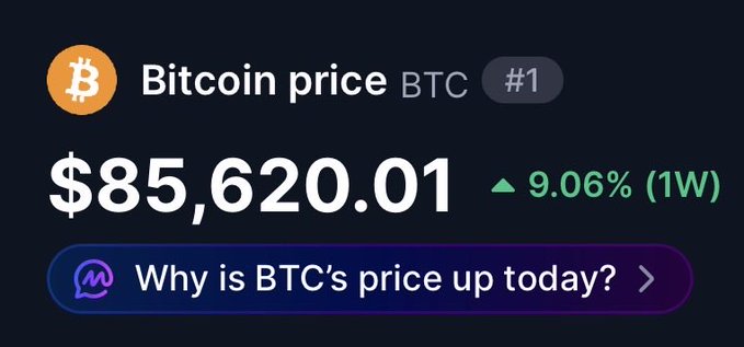 A Bitcoin price display showing BTC at $85,620.01, up 9.06% over 1 week, with a prompt "Why is BTC's price up today?"