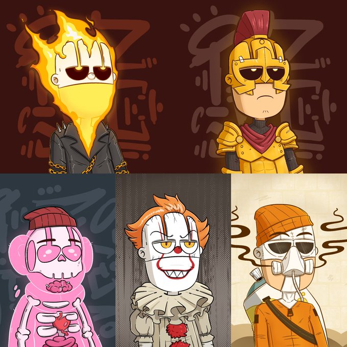 Five cartoon-style character illustrations with skull motifs, including one with a flaming skull head and another in a yellow Roman-style helmet.