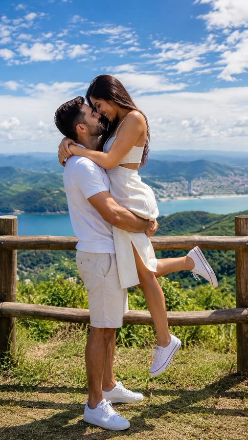 A romantic photo of a couple embracing on a scenic mountain overlook, with the man lifting the woman as they kiss, overlooking a coastal landscape and blue waters.