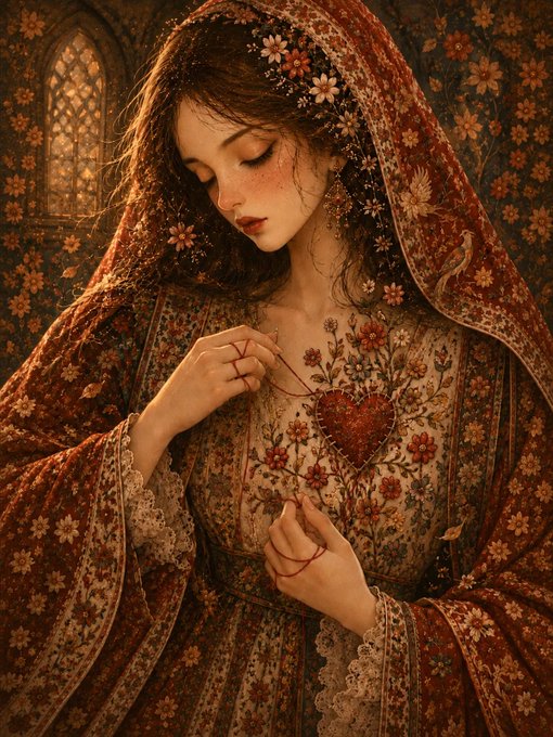A classical, painterly illustration of a woman with closed eyes wearing a floral veil and intricate dress, holding a red string attached to a heart-shaped pendant in a dimly lit room.