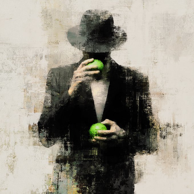The image features an abstract painting of a person wearing a black hat, holding two green apples in their hands against a white background with a grunge texture. The artist has used a monochromatic color scheme for this piece, which adds to its overall visual appeal and artistic value. The post appears to be related to the theme of "Good morning! Happy Friday have a wonderful Friday mood!".