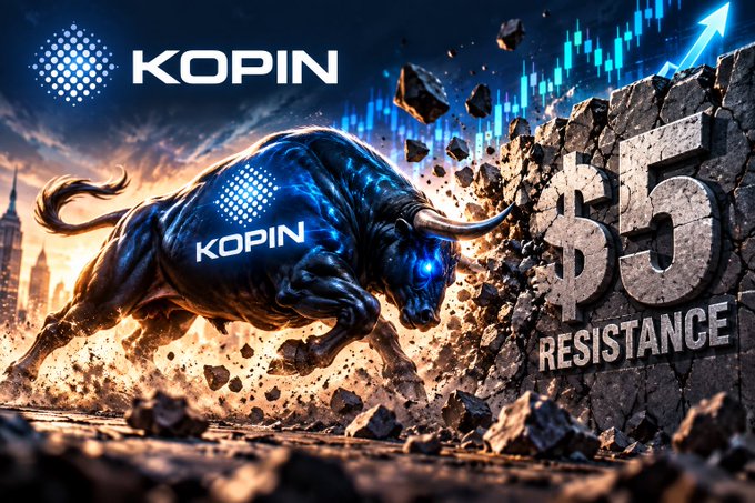 A promotional graphic for 'KOPIN' featuring a charging bull breaking through a wall labeled '$5 RESISTANCE' with a blue upward chart arrow in the background.