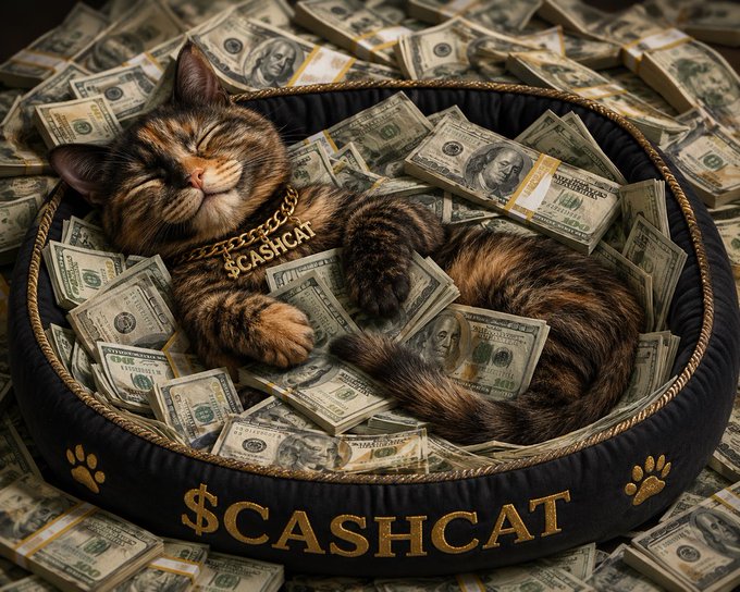 A cat named "$CASHCAT" lounges in a plush bed emblazoned with its name and paw prints, surrounded by stacks of hundred-dollar bills. The image humorously illustrates the poster's enthusiasm for the $CASHCAT memecoin, referencing the wordplay between "cash cat" and the token's ticker symbol in their post.