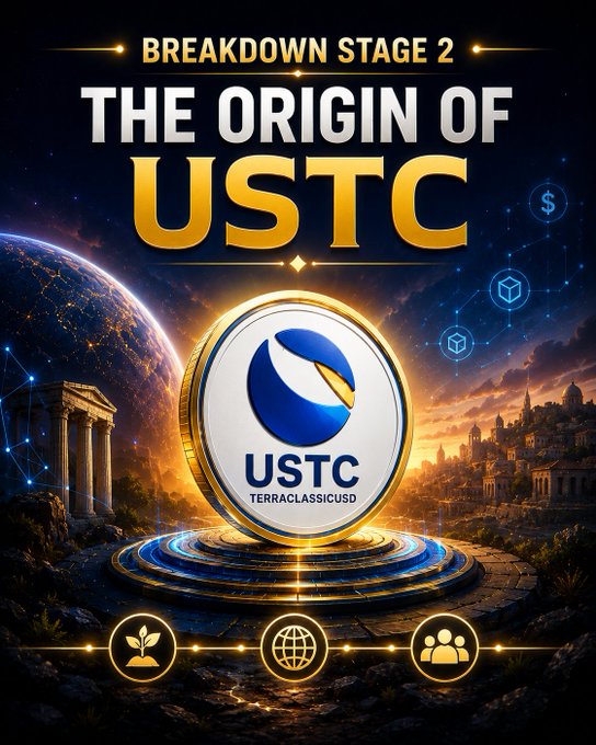 A stylized promotional graphic titled 'Breakdown Stage 2: The Origin of USTC' showing a coin with the TerraClassicUSD (USTC) logo against a cosmic and ancient city backdrop.