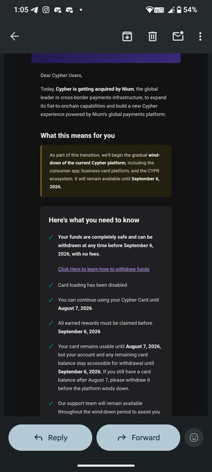 An email screenshot announcing that 'Cypher is getting acquired by Nium,' with details on wind-down timeline, fund withdrawals, and card usage until September 6, 2026.
