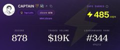 A digital dashboard profile displays user stats including 'CAPTAIN', a 'Safe Launch' credit of 485, 'FANS 878', 'TRADES VOLUME $19K', and a 'LEADERBOARD RANK' of #344.