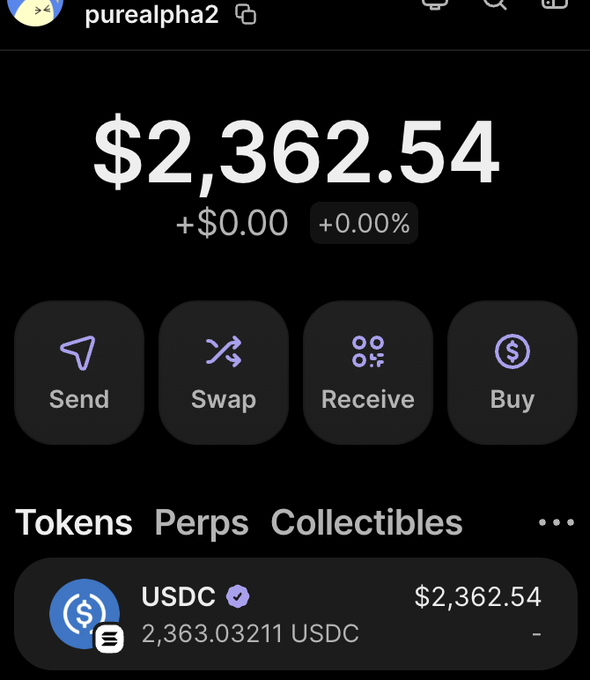 A screenshot of a crypto wallet ("purealpha2") shows a balance of **$2,362.54**, entirely held in USDC (2,363.03211 USDC), corroborating the post's claim of waking up to over $2,300 after an anonymous donation for lifetime subscriptions.