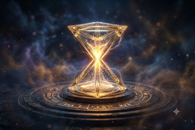 A glowing golden hourglass-shaped crystal artifact sits on a stone platform with mystical symbols, set against a dramatic cosmic background with purple nebulae.