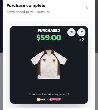 Digital purchase confirmation screen showing 'PURCHASED $59.00 x2' for a 'Chimpanzers - Football Jersey Home (L)' NFT item, with logos for MVU and Chimpanzers.