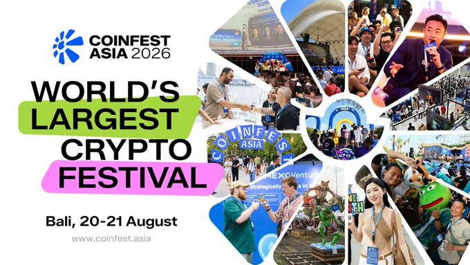 A promotional banner for 'COINFEST ASIA 2026' describes it as the 'WORLD'S LARGEST CRYPTO FESTIVAL' taking place in Bali on 20-21 August, featuring a photo collage of the event.