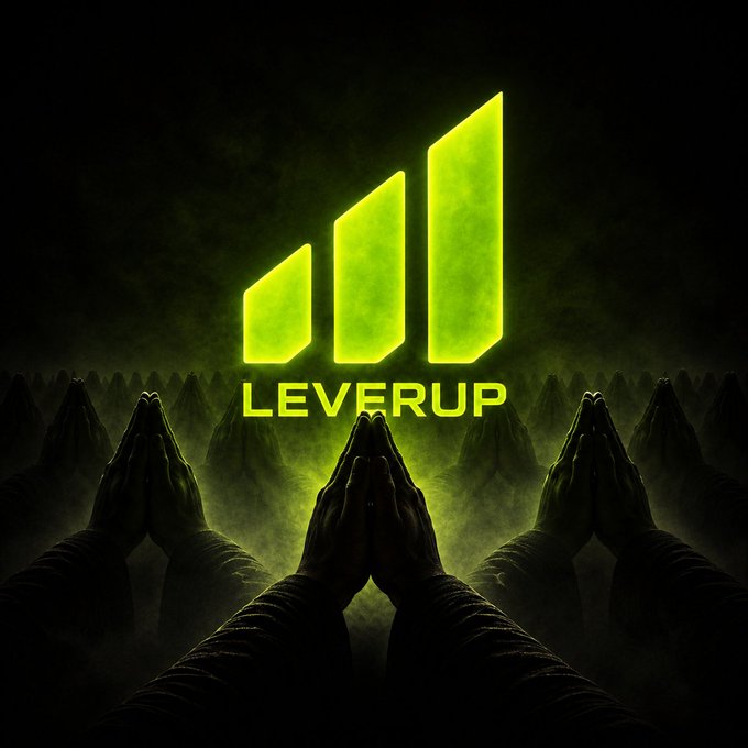 The image features a group of people with their hands clasped together in prayer positions, surrounded by neon green lights that create an ethereal glow against a dark background. The phrase "Happy weekend to LeverUp fams Happy weekend to MONAD community Today is a good day,do well to touch grass gmonad..." is written above the image. This suggests that the image might be related to a social media post or advertisement for LeverUp, which could be promoting a product or service related to prayer and spirituality.