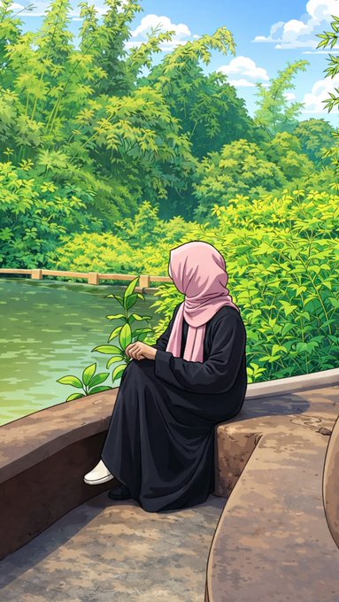 An anime-style illustration of a woman wearing a pink hijab and black dress sitting peacefully by a pond surrounded by lush greenery.