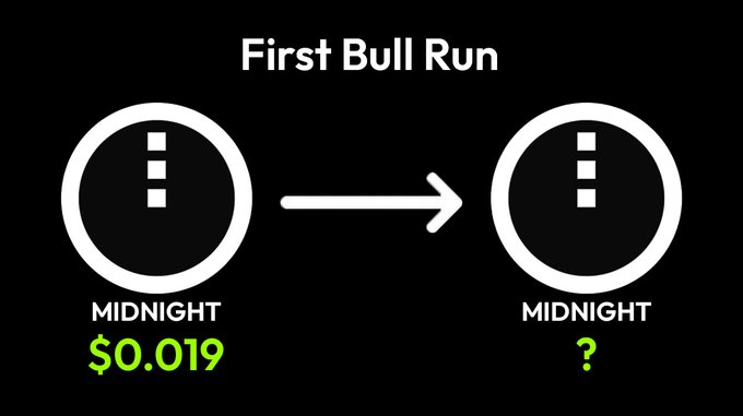 A graphic titled 'First Bull Run' illustrates a midnight token price at $0.019 transitioning to an unknown future midnight price with a question mark.