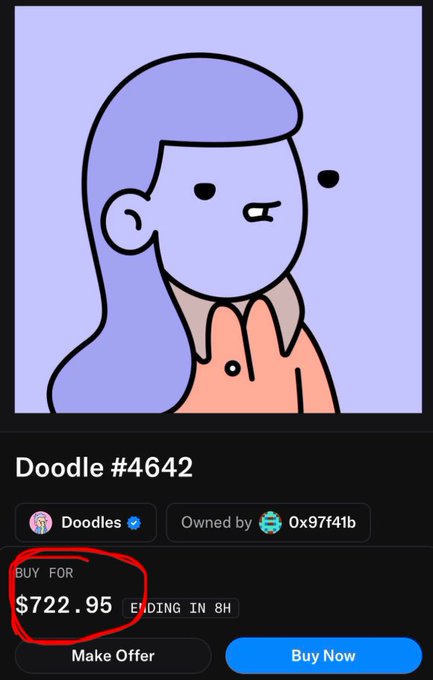Screenshot of a Doodles NFT (#4642) owned by 0x97f41b, featuring a purple-haired character and a listing price of $722.95 circled in red with 8 hours remaining.