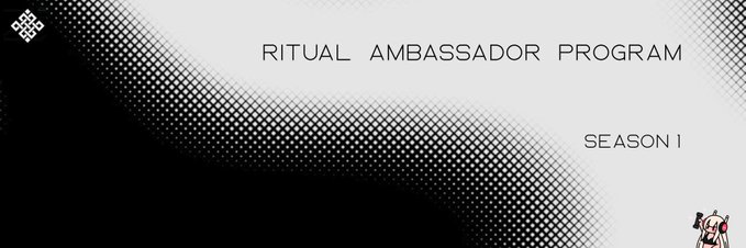 The image is a promotional banner featuring a black halftone dot pattern gradient on the left side, with the text "RITUAL AMBASSADOR PROGRAM SEASON 1" displayed prominently alongside a small Rituals logo and a character illustration in the corner. The post's mention of joining the "Ritual Ambassador Program Season 1" directly references this banner, which serves as a visual introduction to the speaker's participation in the program.