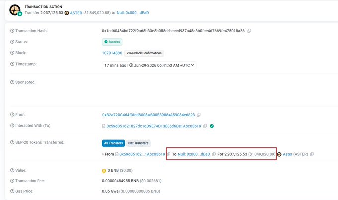 A blockchain transaction record showing a successful transfer of 2,937,125.53 BEP-20 ASTER tokens (worth $1,849,020.89) to the address '0x000...dEaD', confirmed at block 107014886.